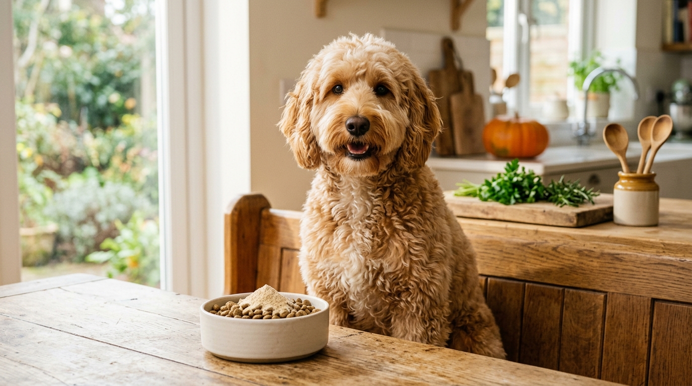 A curly standard doodle standing beside a bowl of high-fiber kibble on a kitchen floor