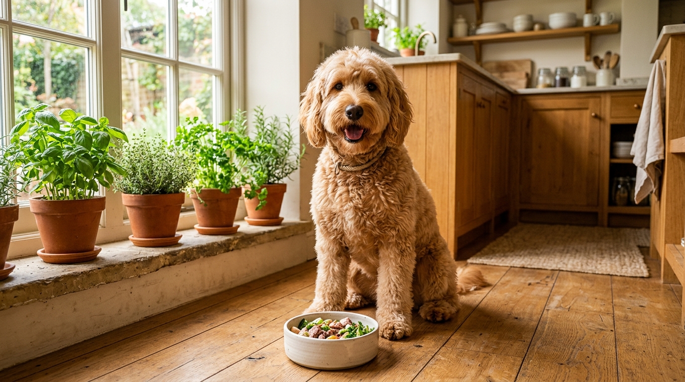 An itchy doodle licking its paw next to a bowl of limited-ingredient salmon kibble