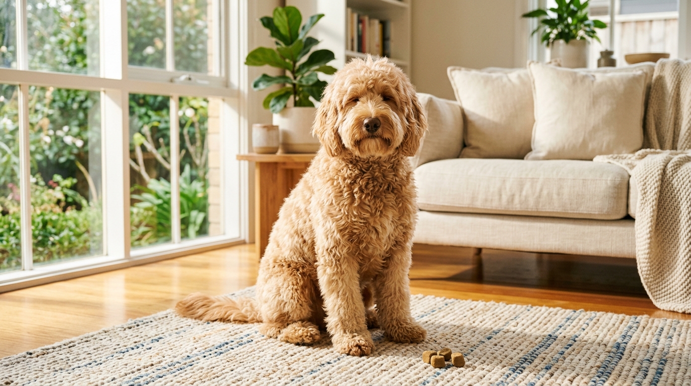 A relaxed Australian Labradoodle lying calmly on a rug next to a tub of calming chews