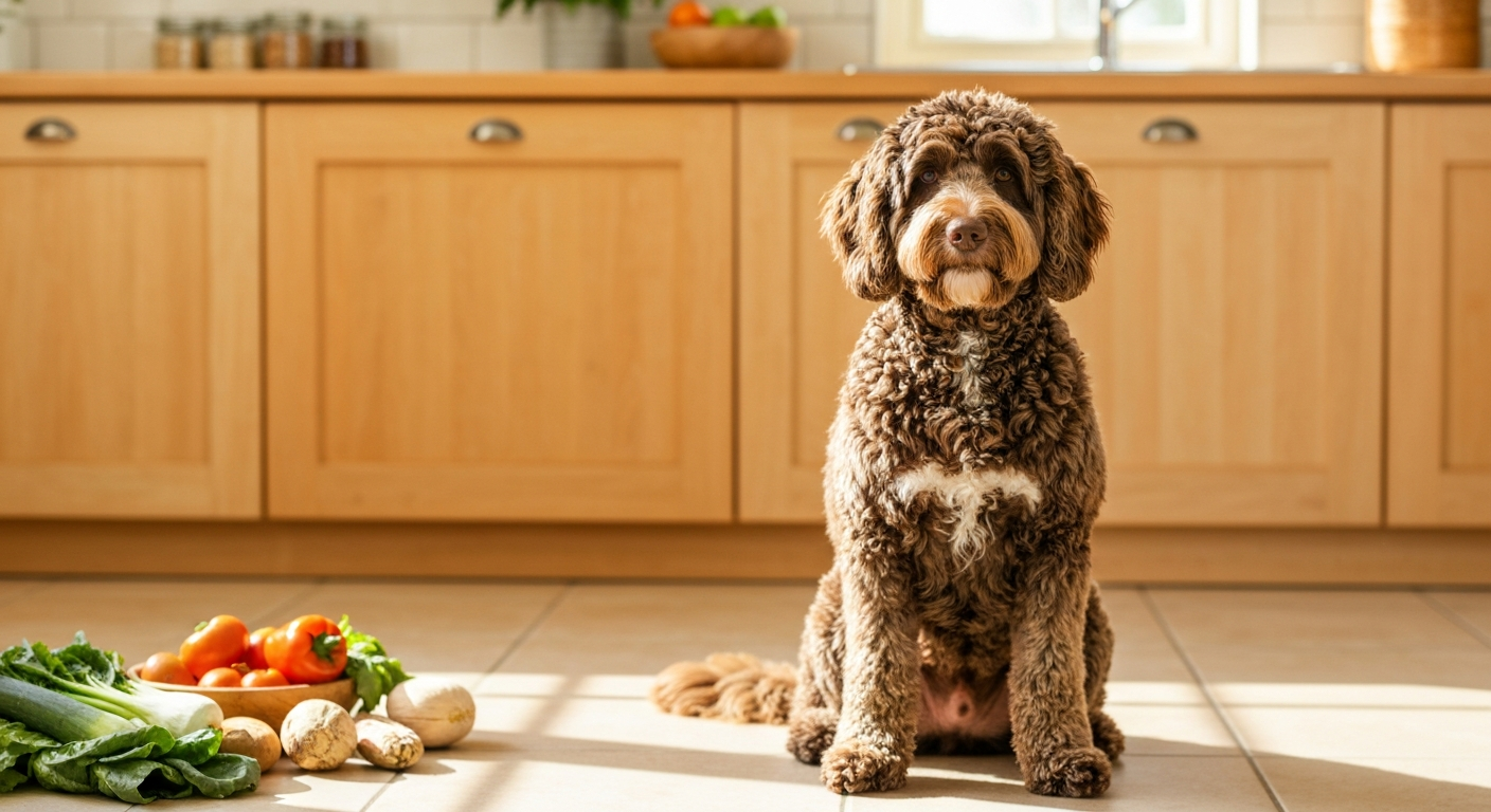 A golden doodle dog sitting beside a bowl of fresh food while its owner examines its paw for signs of redness or irritation