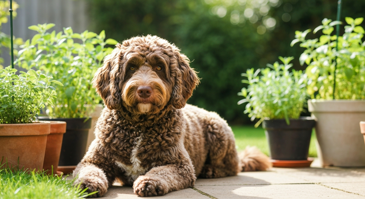 Gray-muzzled senior goldendoodle resting on a rug beside a low ramp in a sunlit living room