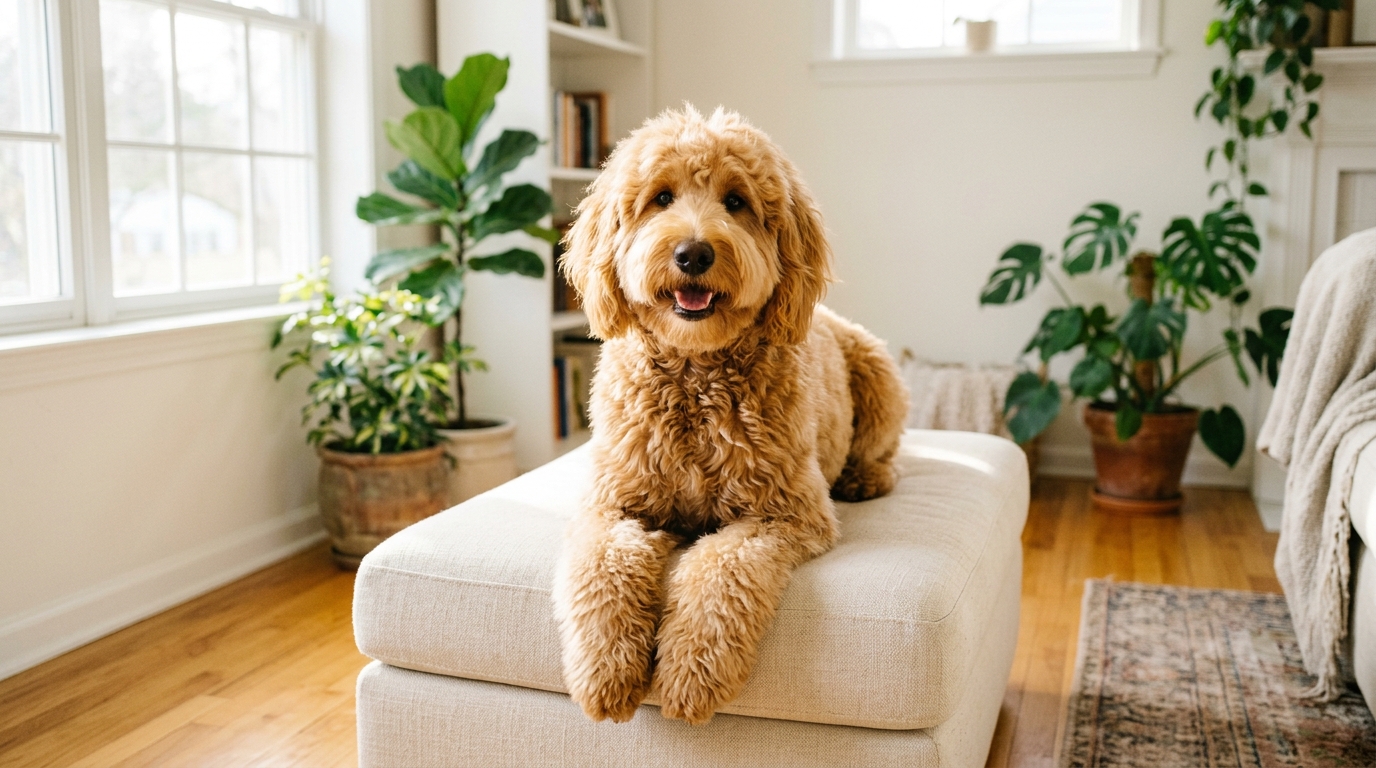 Set of dog grooming scissors with blunt safety tips, curved shears and thinning shears laid out for trimming an Australian Labradoodle