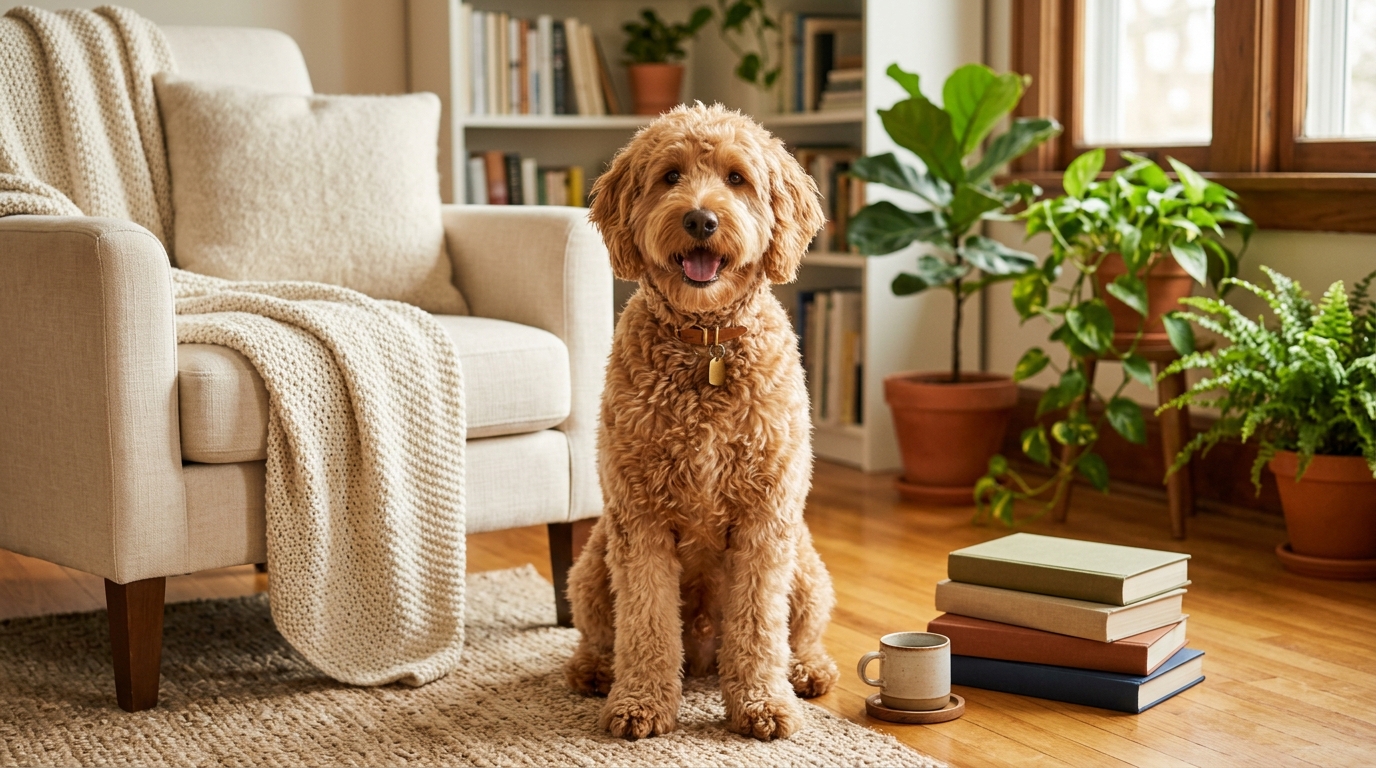 A stack of dog behavior books beside a calm curly-coated Australian Labradoodle resting on the floor