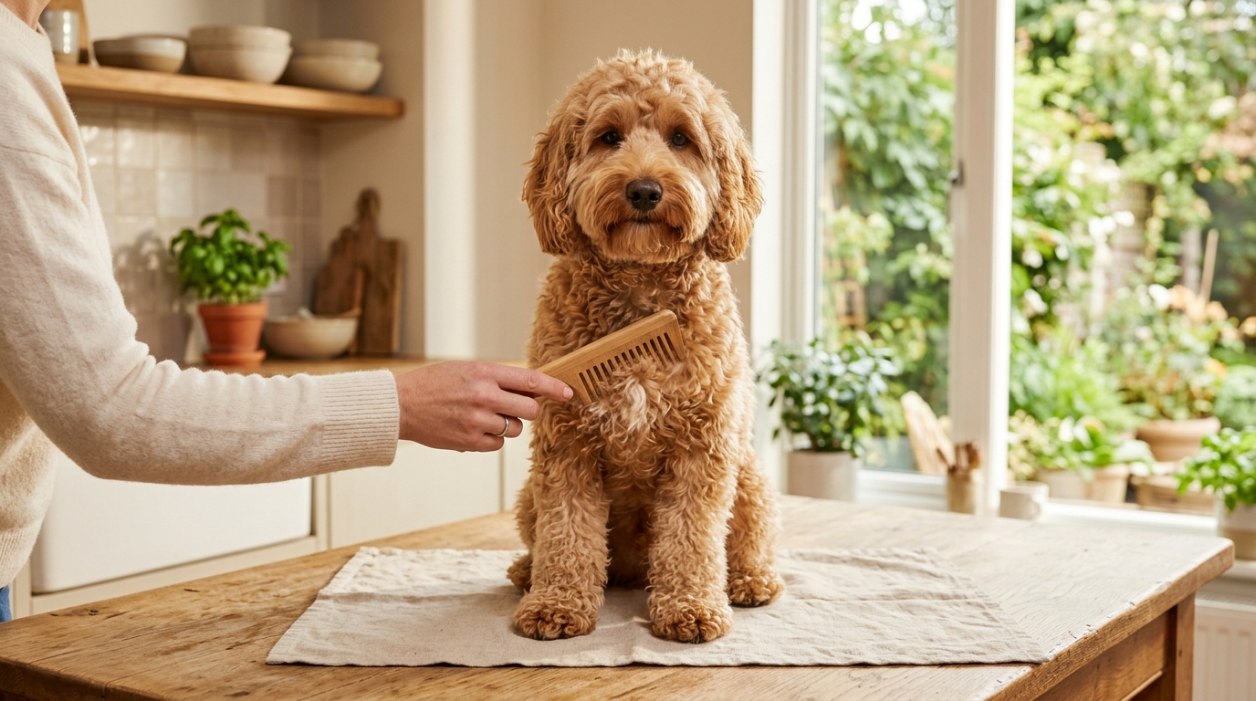 Detangling spray and a metal comb next to a curly-coated Australian Labradoodle being groomed at home