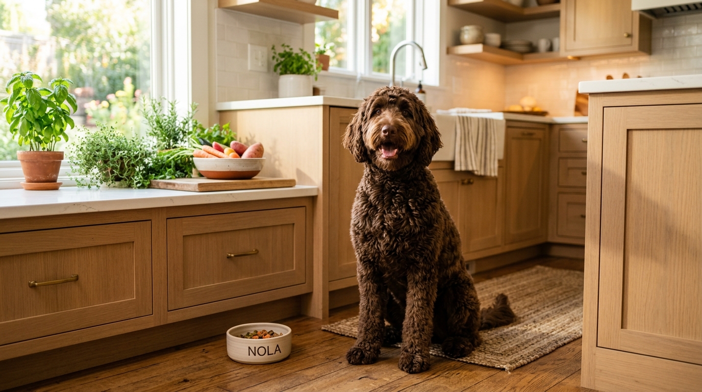 A calm doodle waiting by its food bowl at feeding time in a home kitchen