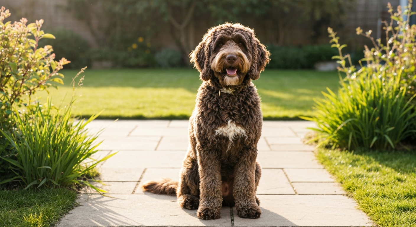 Goldendoodle waiting by a bowl of single-protein food during an elimination diet trial