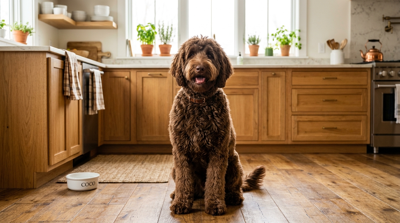 Chocolate brown Goldendoodle sitting contentedly on a kitchen floor next to a water bowl