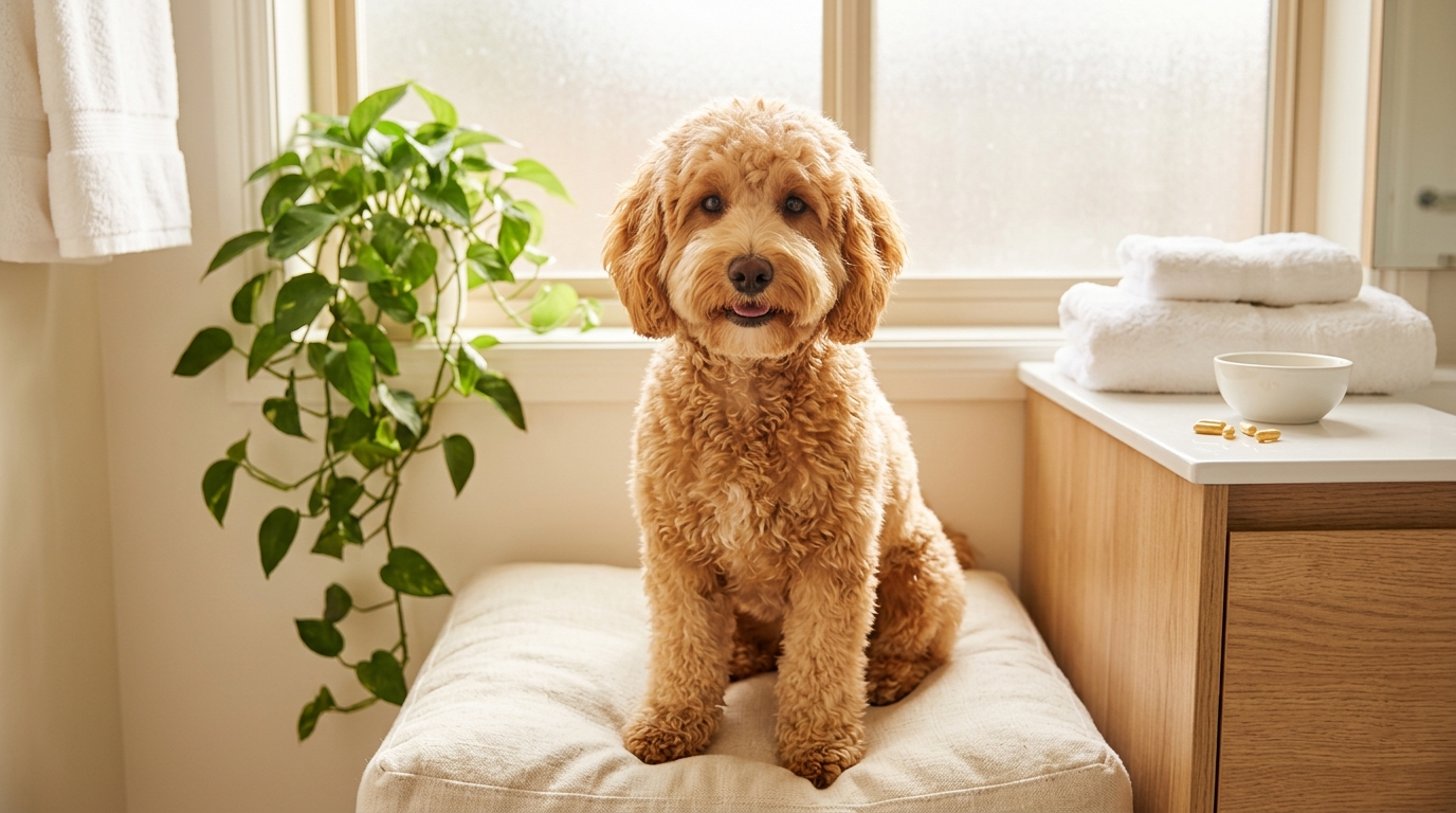 Cream Australian Labradoodle having the fur under its eye gently wiped clean with a tear stain wipe
