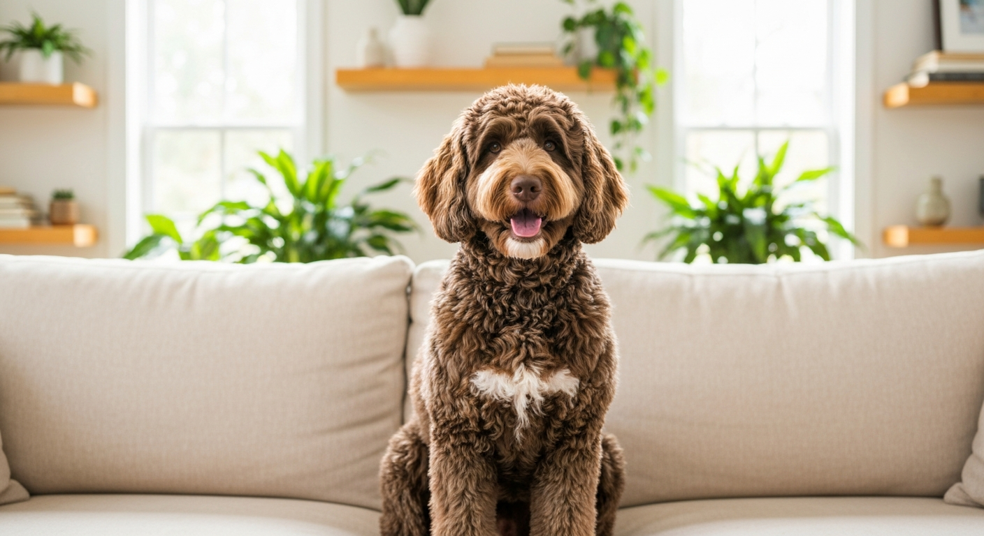 Goldendoodle sitting next to a stainless steel food bowl filled with kibble on a kitchen floor