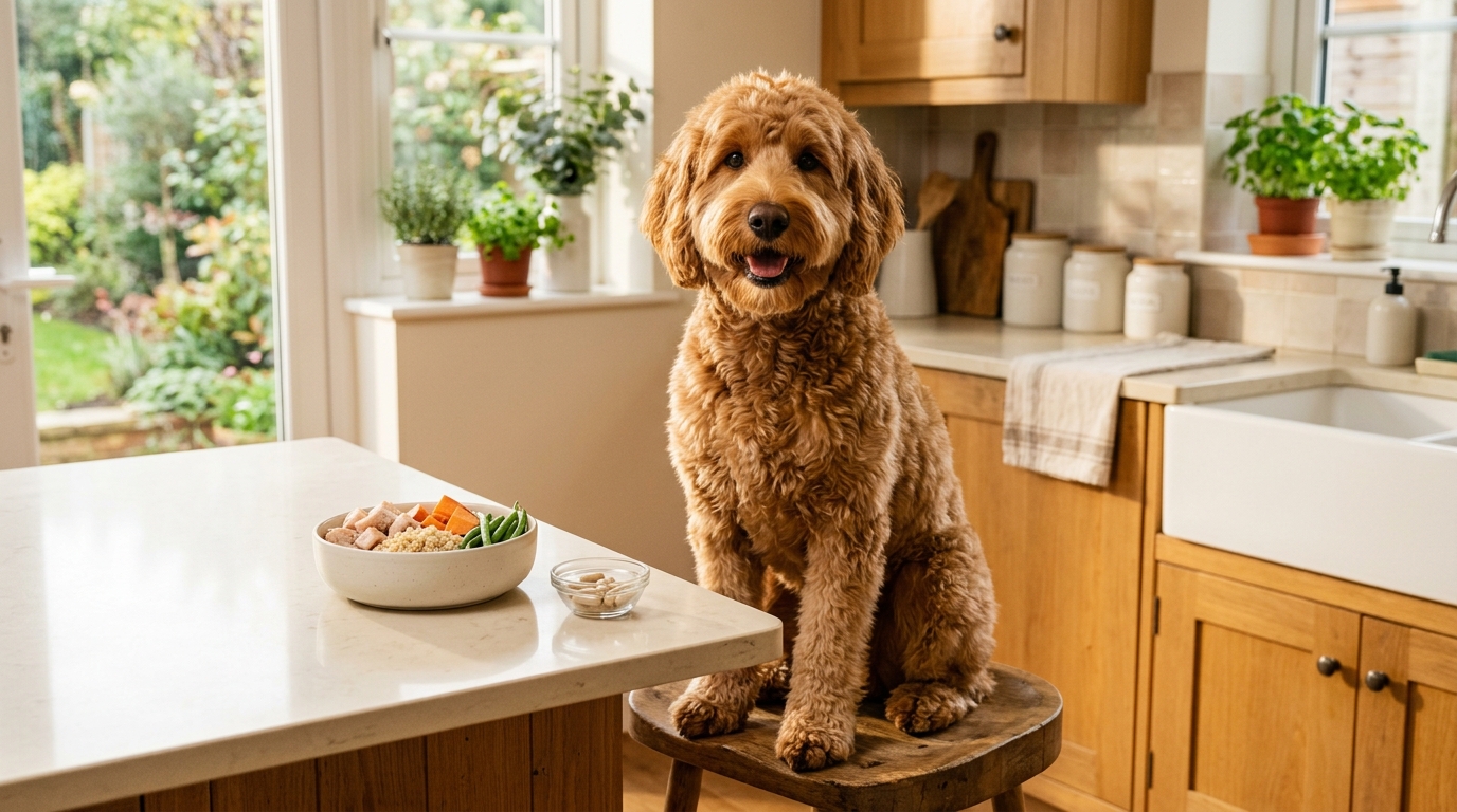 A Goldendoodle waiting beside a bowl of raw food in a home kitchen