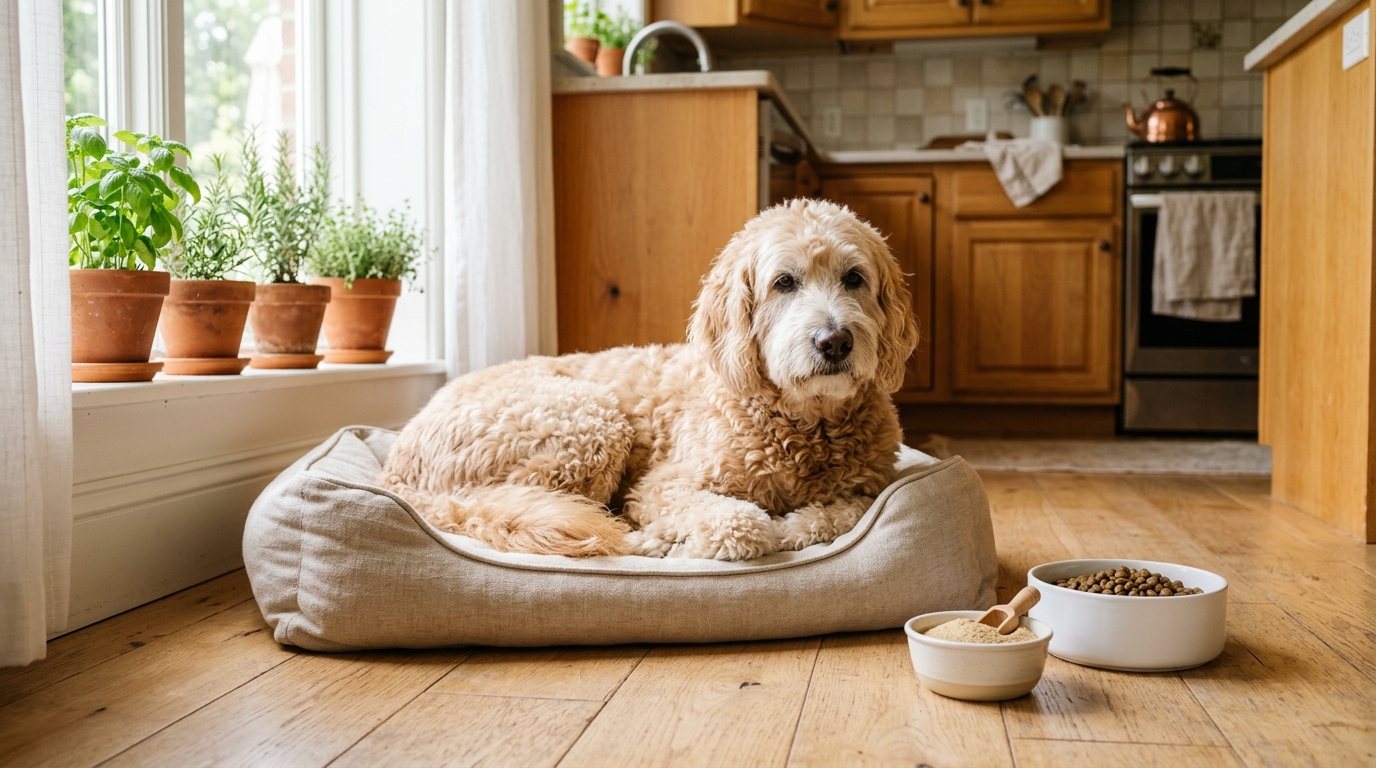 A gray-muzzled senior Australian Labradoodle waiting beside a bowl of digestible food