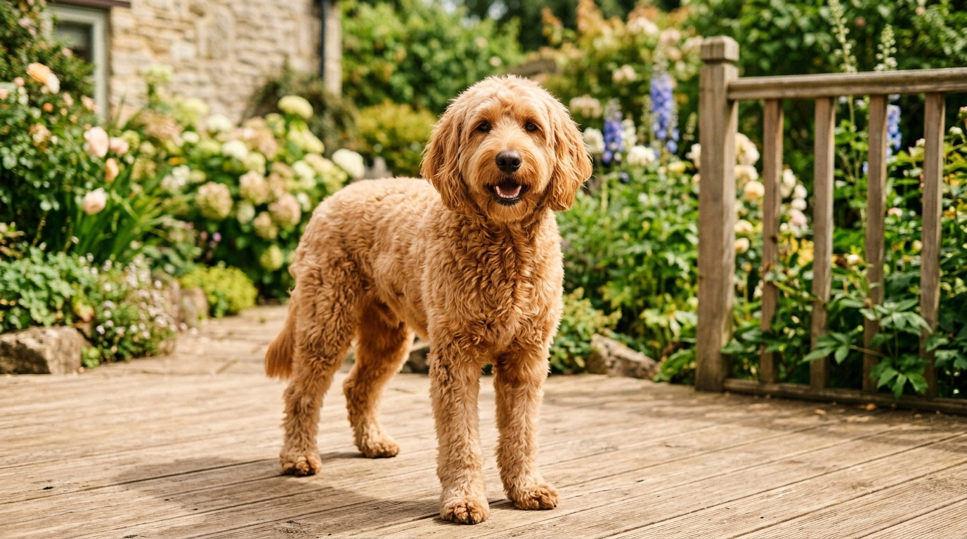 Standard Goldendoodle standing in profile showing a visible waist tuck on a wooden deck