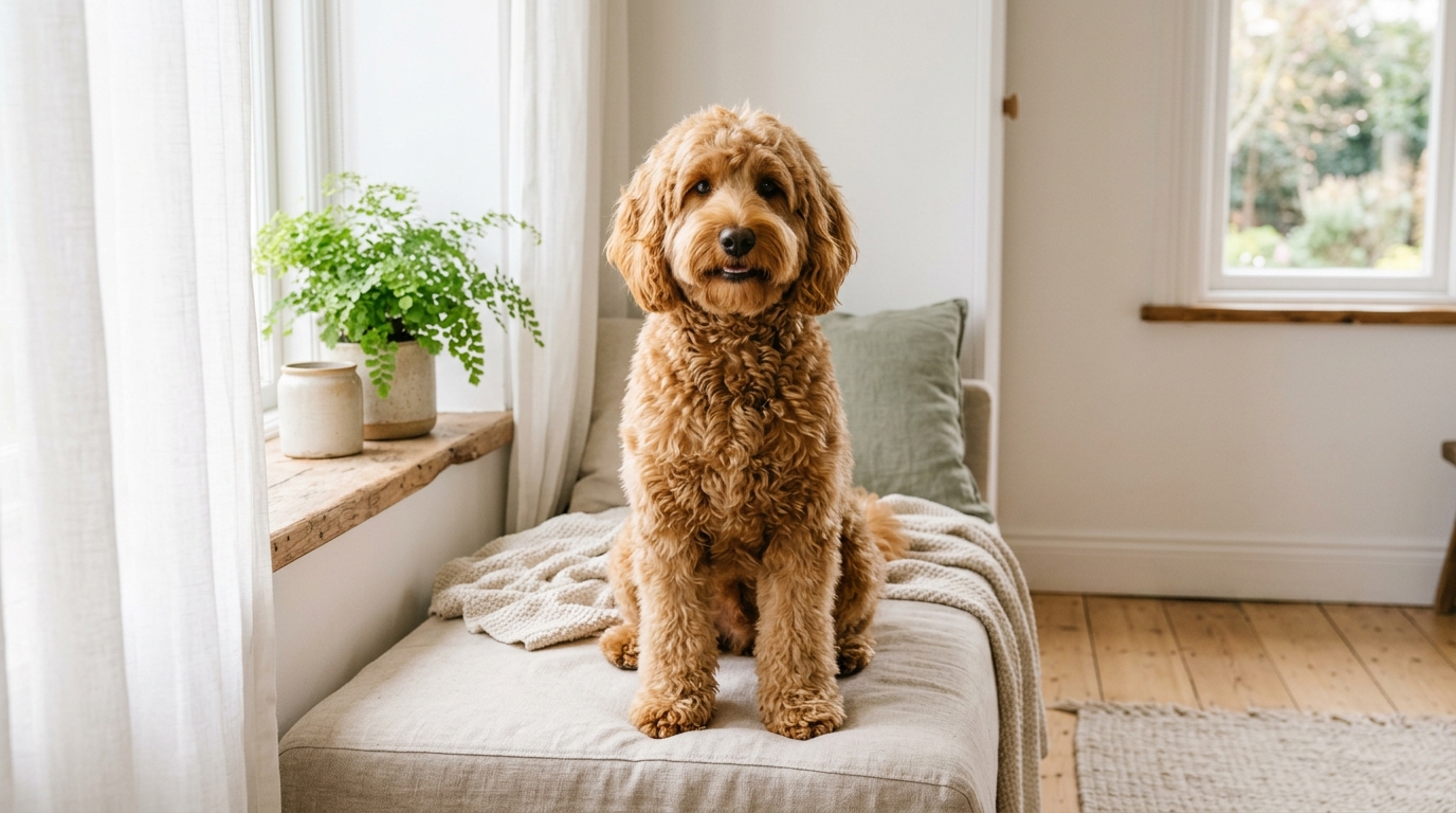 Australian Labradoodle standing on a non-slip grooming mat being trimmed with clippers at home