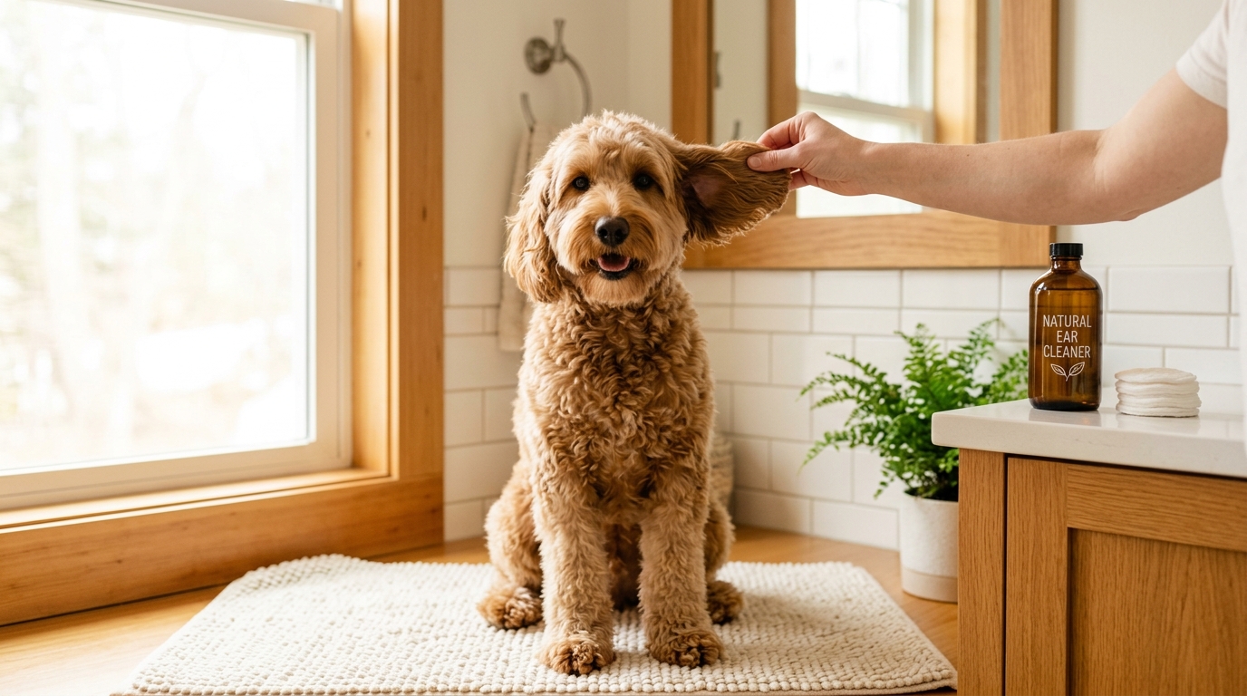 Caramel Australian Labradoodle sitting calmly while a person gently lifts a floppy ear to check it, with ear cleaner and cotton pads on the counter