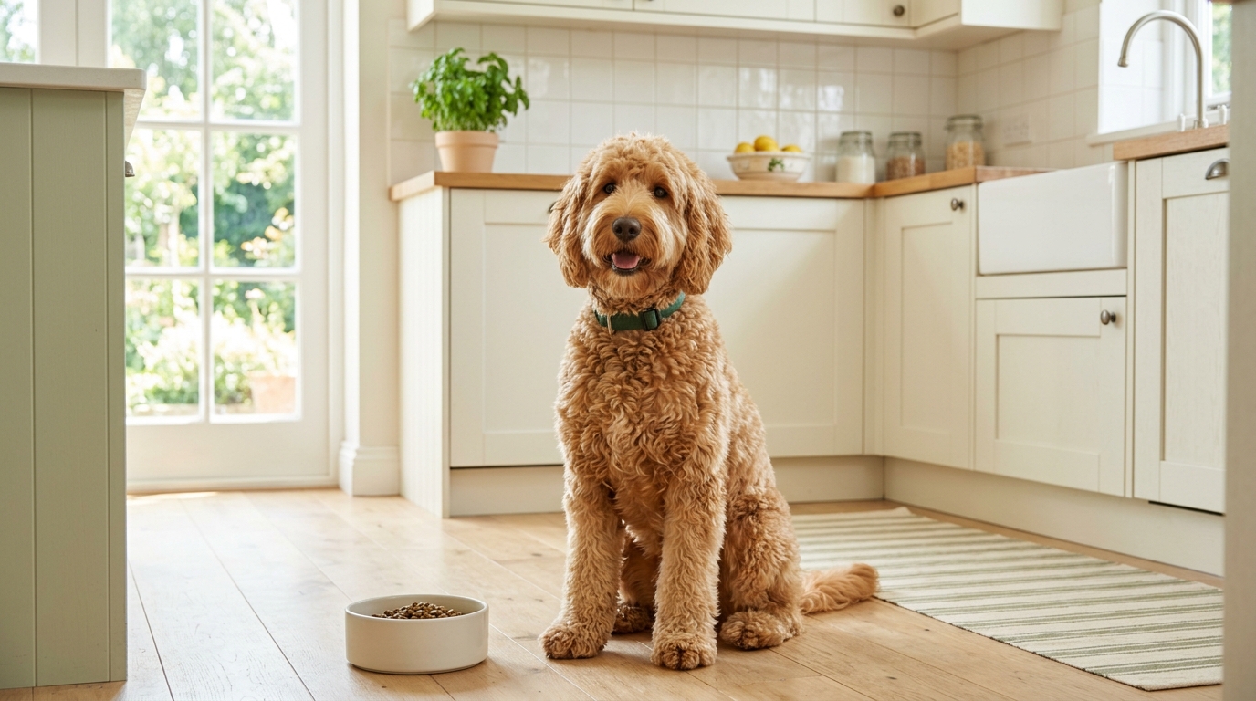 Australian Labradoodle sniffing a bowl of salmon-based beef-free kibble on a kitchen floor