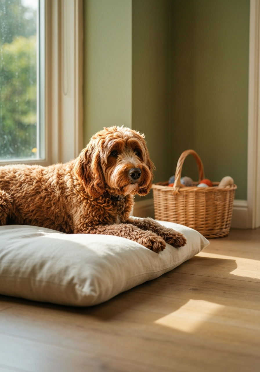 Cream Australian Labradoodle sitting beside a turquoise ridged slow feeder bowl in a sunny kitchen, with a digital scale and measuring cup on the counter