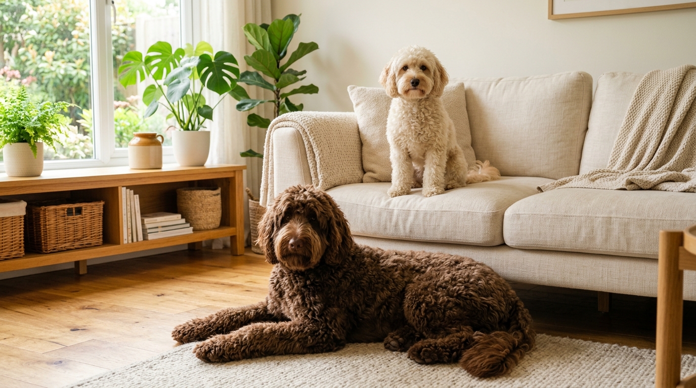 A small doodle and a large doodle resting together on a kitchen floor, showing the everyday size difference