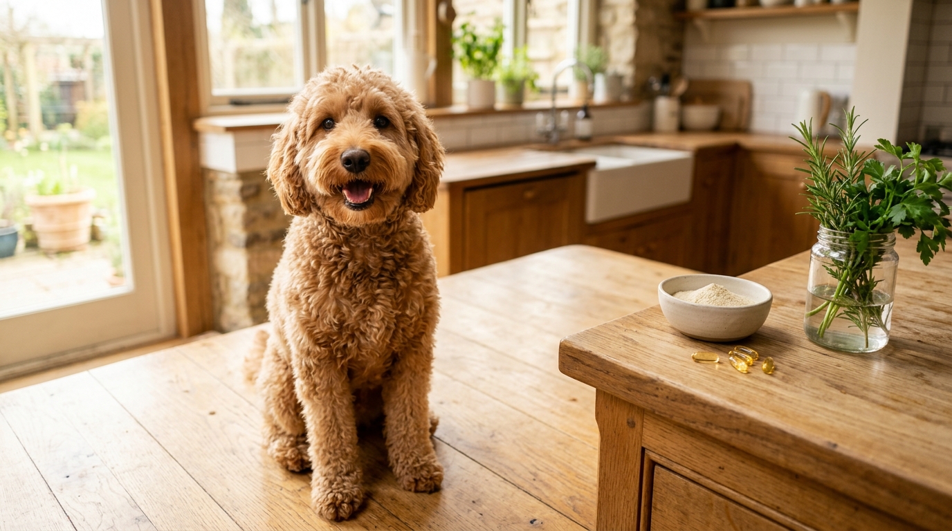 Apricot Goldendoodle in a kitchen with a bowl of probiotic powder and loose capsules on the counter