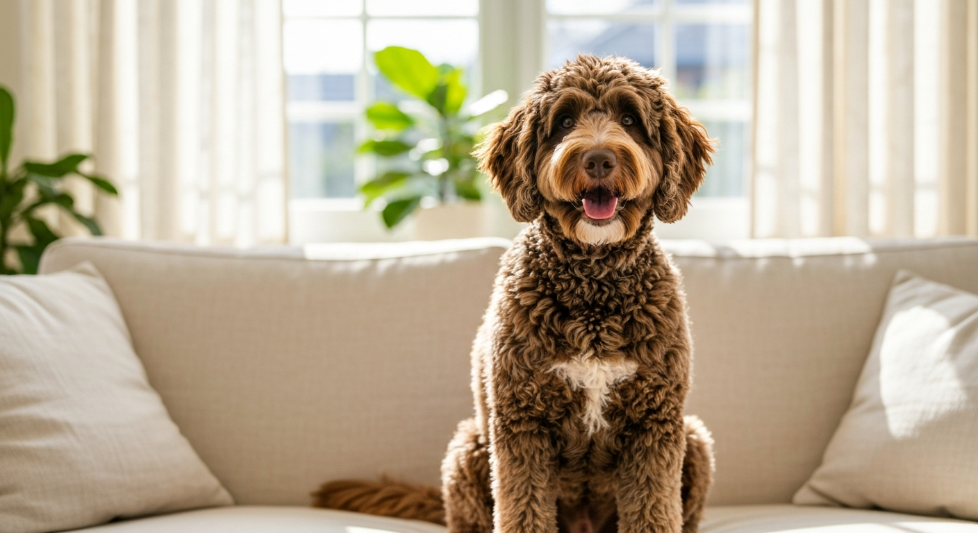 Curly-coated goldendoodle scratching behind a floppy ear on a sunny porch