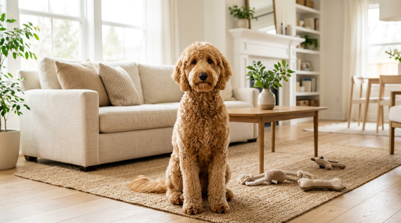 A curly cream Goldendoodle lying calmly by a front door with a stuffed lick mat