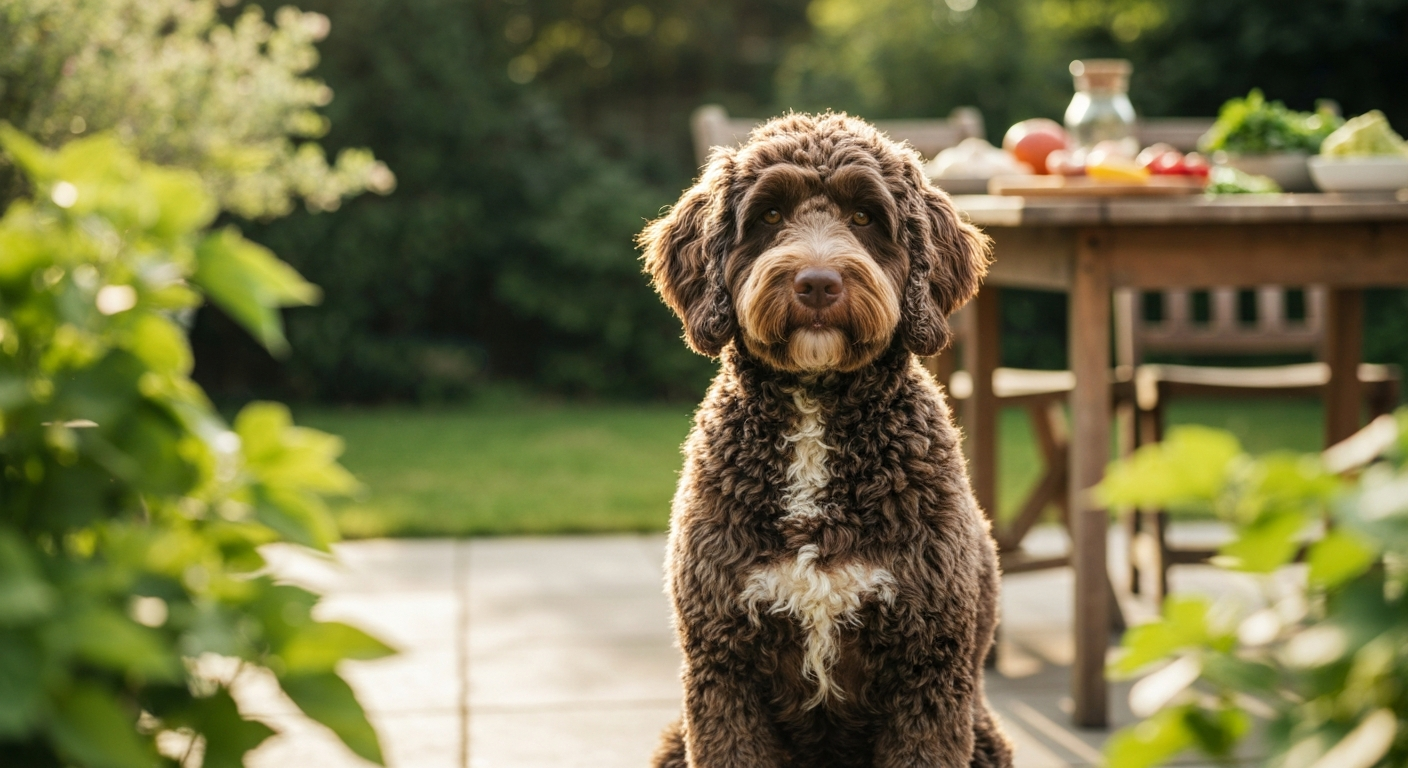 A curly goldendoodle sniffing a bowl of prescription hydrolyzed protein kibble in a home kitchen