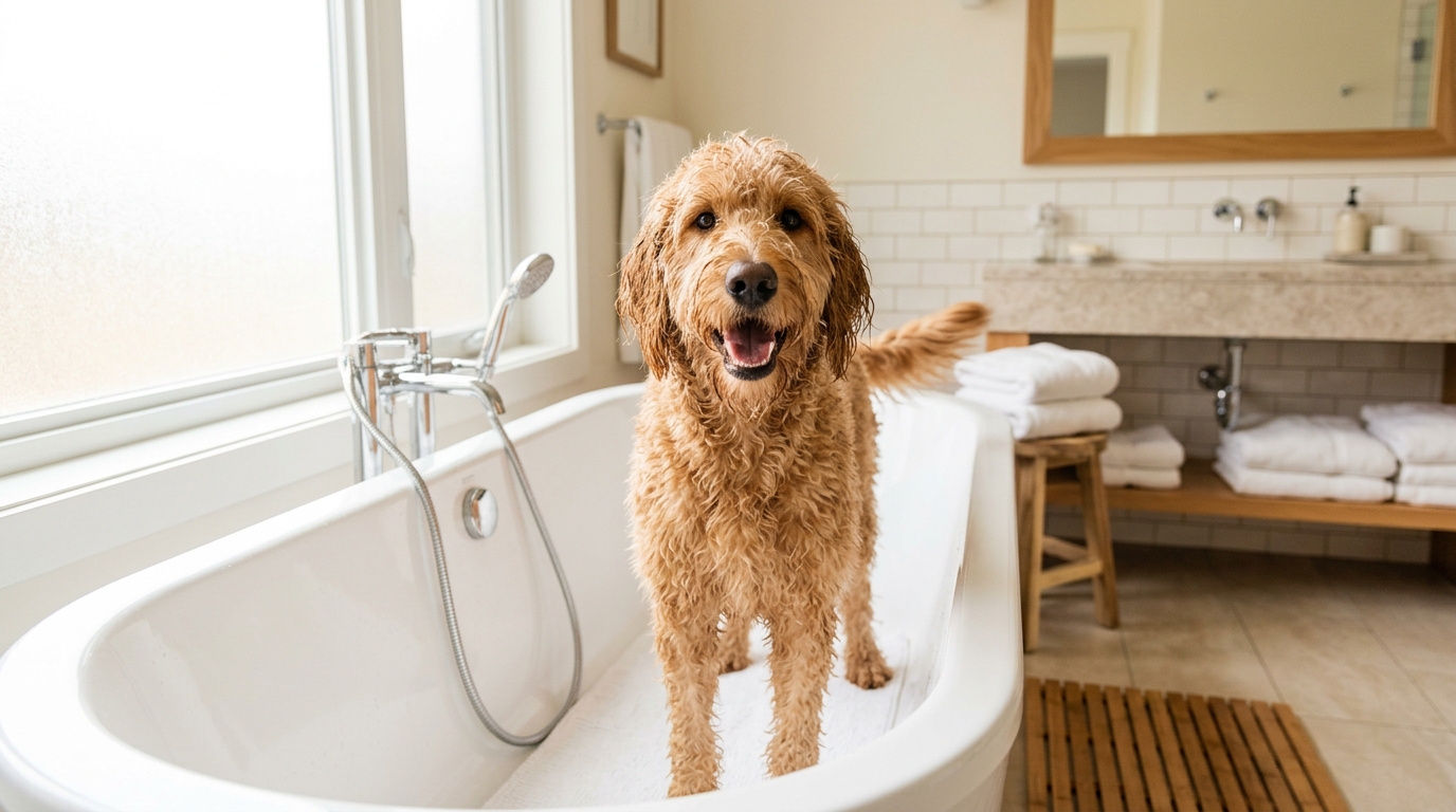 A curly-coated doodle standing in a bathtub being lathered with shampoo down to the skin