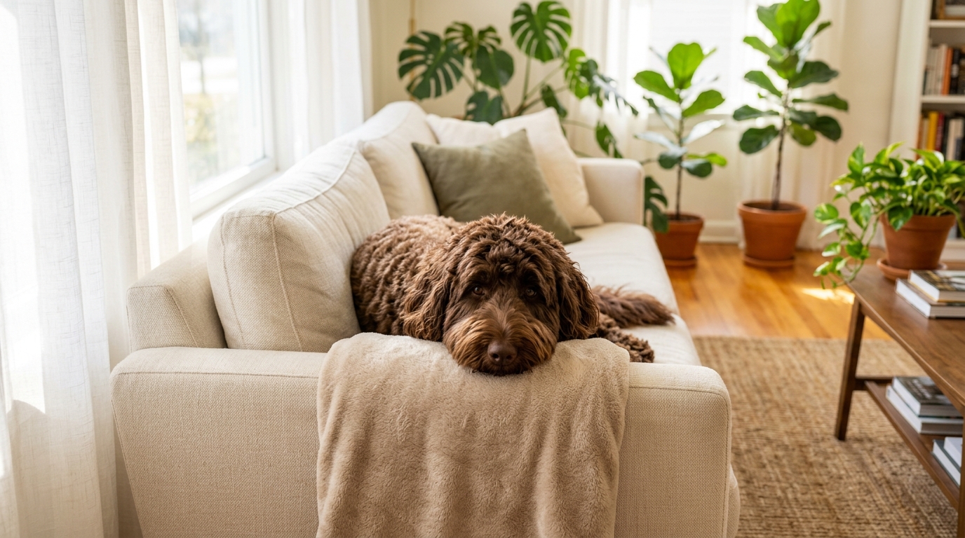 A goldendoodle sitting patiently in front of a measured bowl of food in a bright kitchen