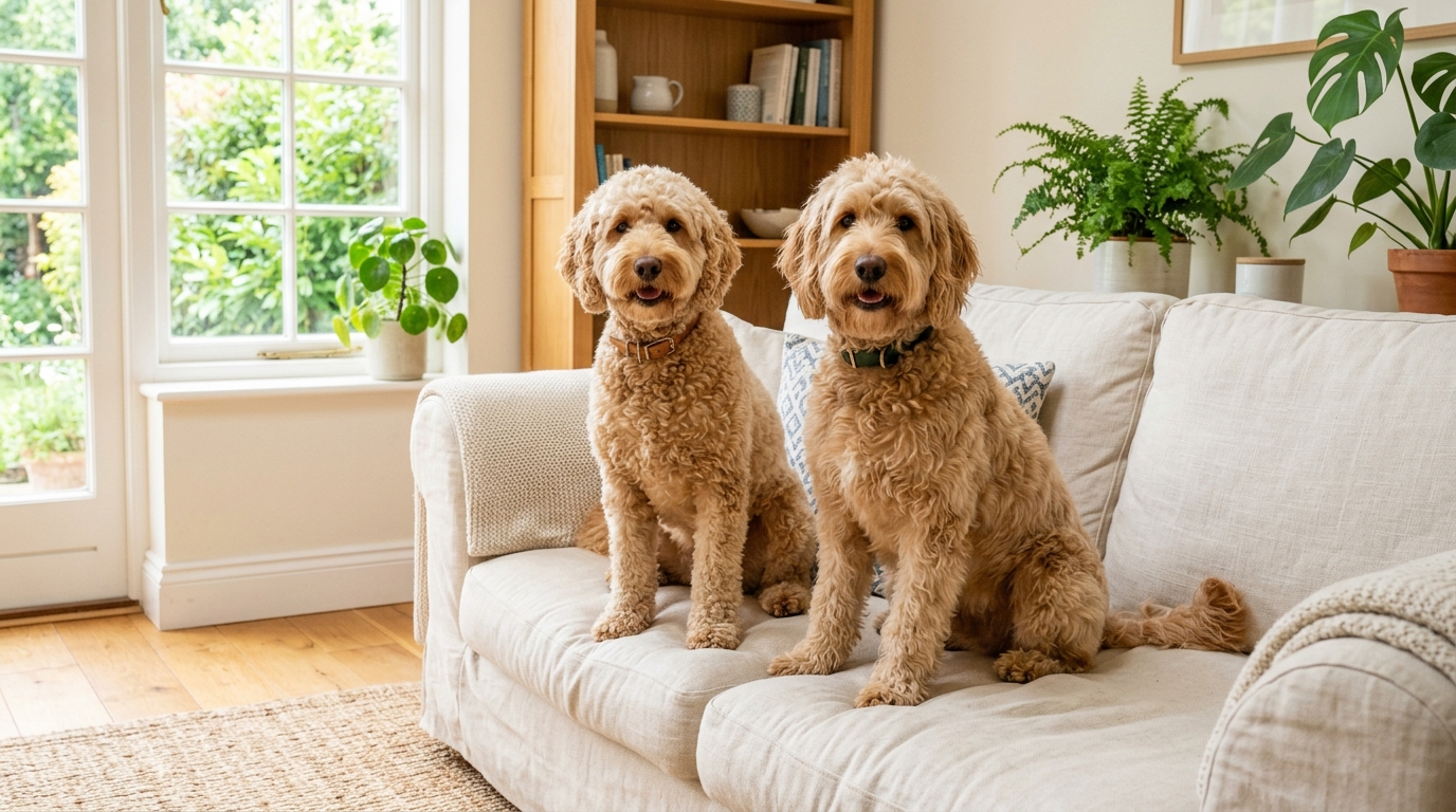 Two doodles side by side on a sofa showing different coat types, one tight fleece and one looser wave