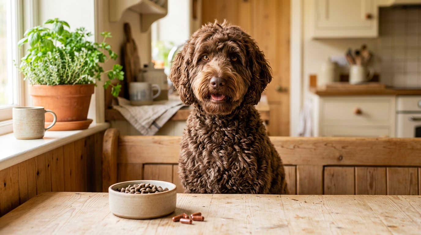 Several chicken-free dog food bags lined up on a kitchen counter next to a doodle sniffing a bowl