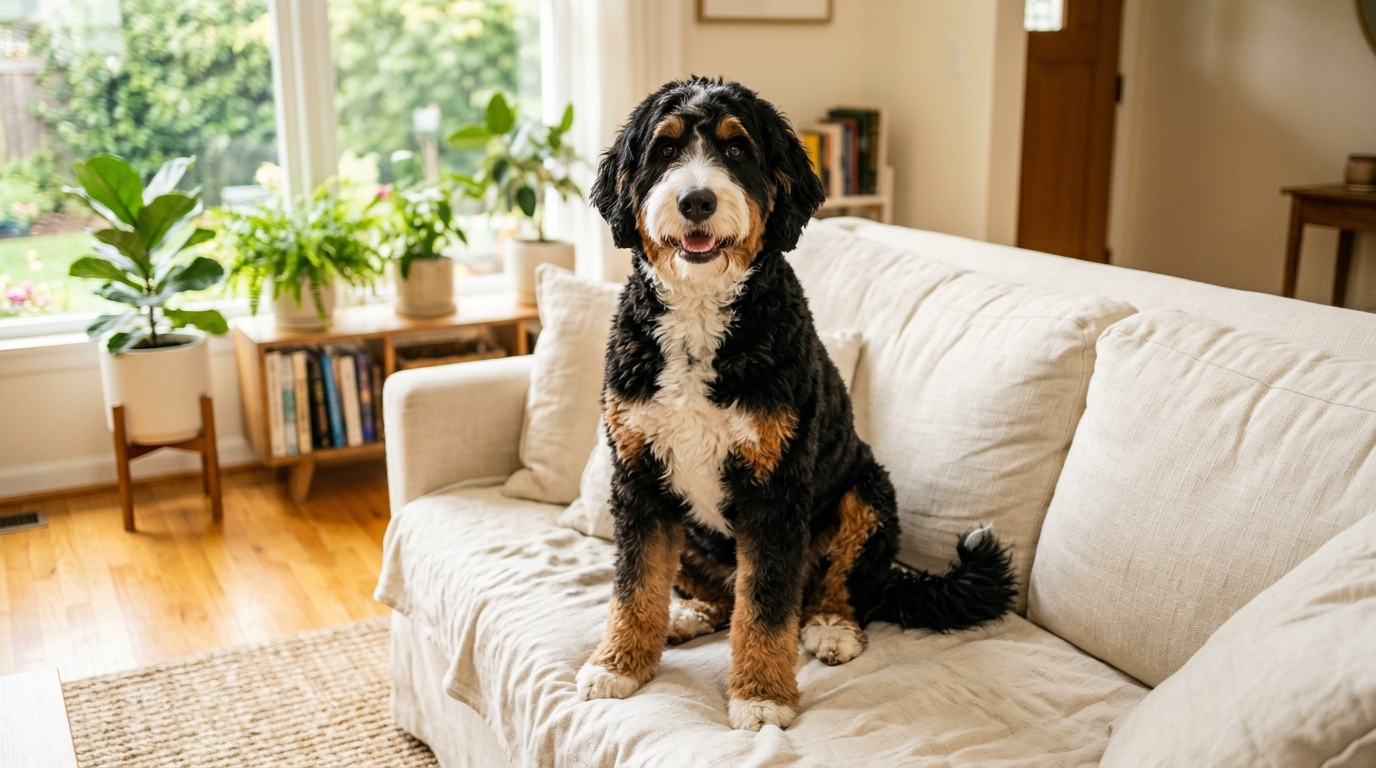 Bernedoodle lying calmly on a kitchen floor next to a water bowl during a bland diet