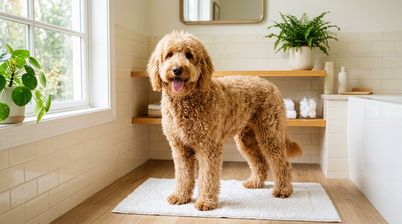 High-velocity grooming dryer beside a freshly bathed Australian Labradoodle with a fluffy fleece coat