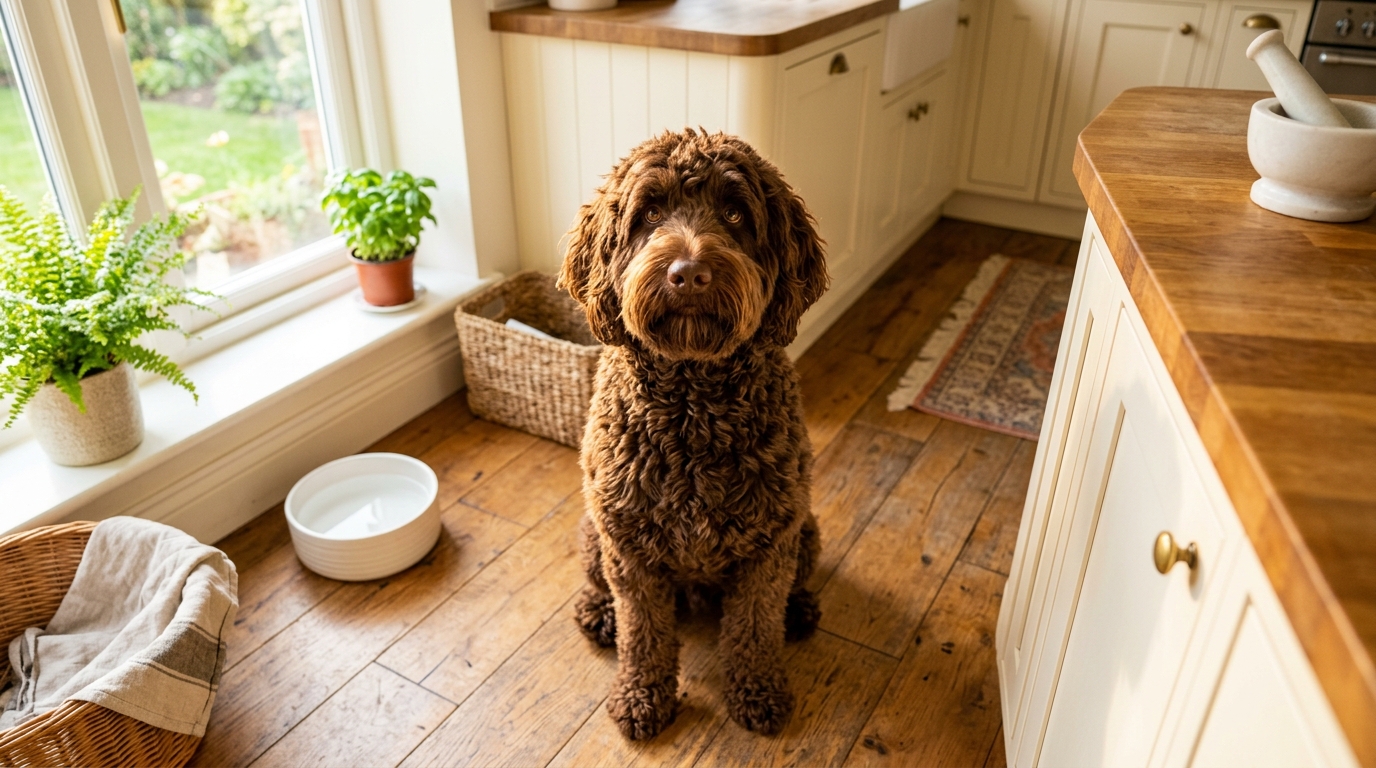 Australian Labradoodle lying calmly beside a food bowl on a kitchen floor