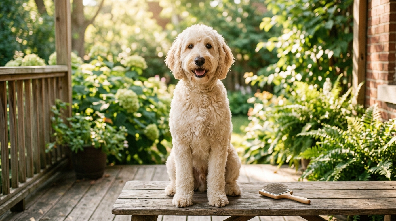 Long-pin slicker brush and metal comb laid out beside a curly-coated Goldendoodle being groomed