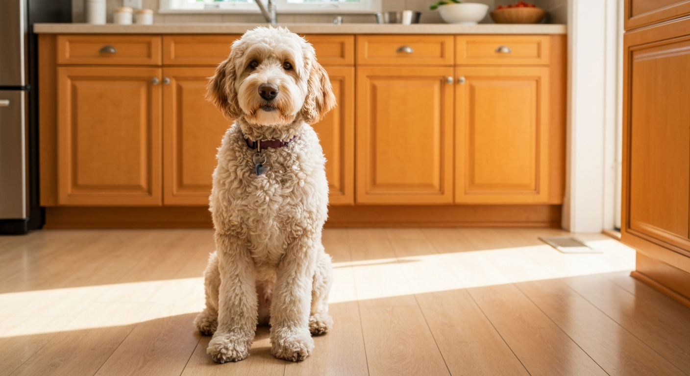 Golden doodle lying on a dog bed looking tired while their owner sits nearby with a phone, considering whether to call the vet