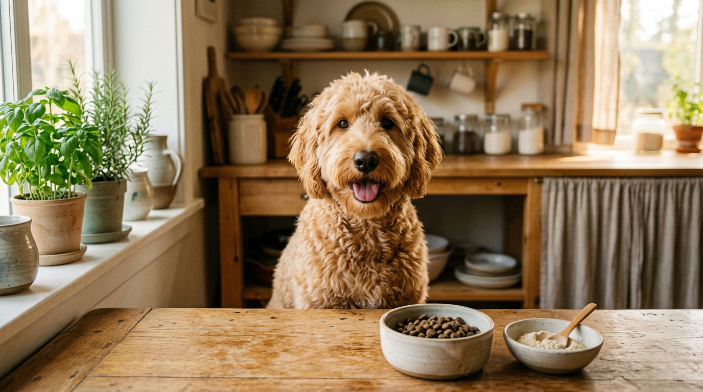 Two bowls side by side, one with grain-inclusive kibble and one with grain-free kibble, next to an Australian Labradoodle