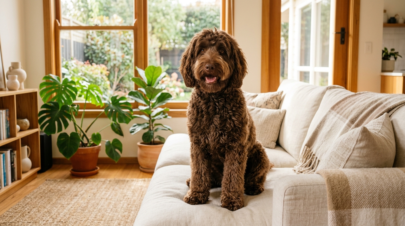 Anxious goldendoodle lying on the floor by a window during a thunderstorm looking worried