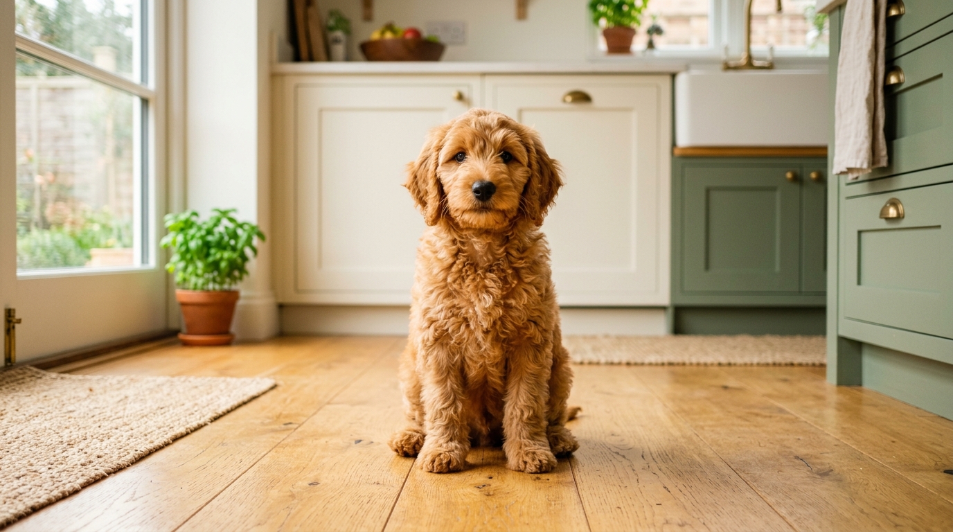 Goldendoodle puppy sitting beside a bowl of kibble in a bright kitchen