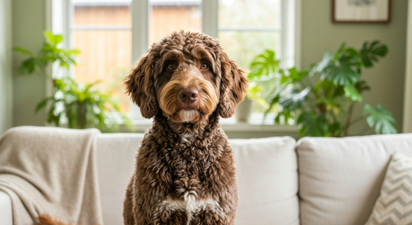 Close-up of a goldendoodle lying on its back showing a pink irritated rash on the belly and groin area
