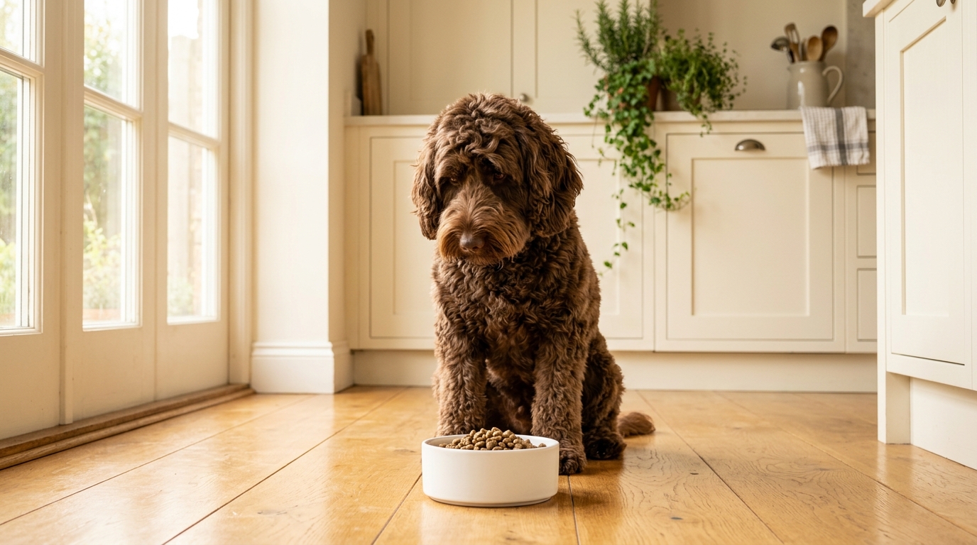 An Australian Labradoodle looking away from a full food bowl on the kitchen floor