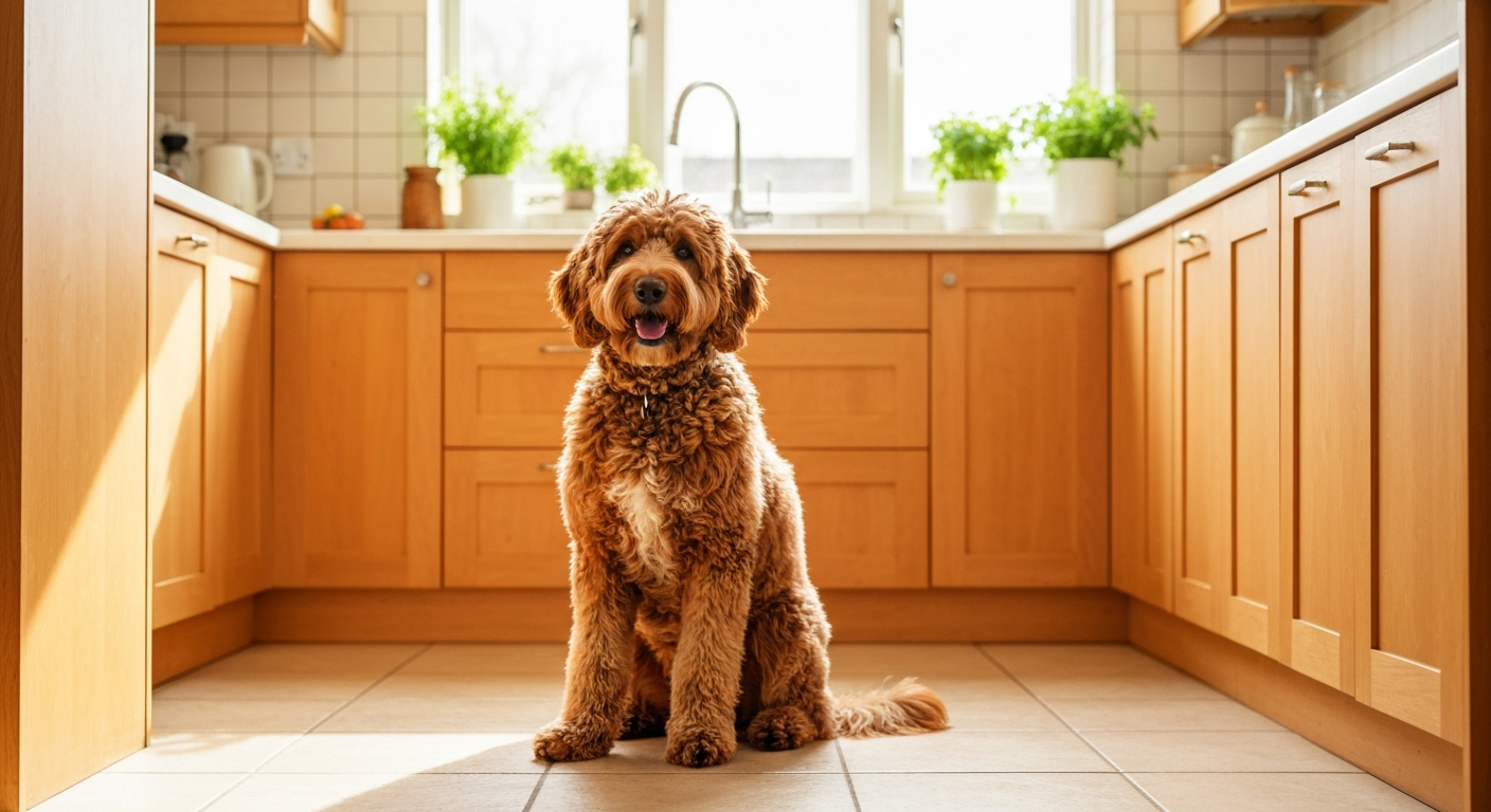 Three doodle dogs waiting beside bowls of limited ingredient kibble in a home kitchen
