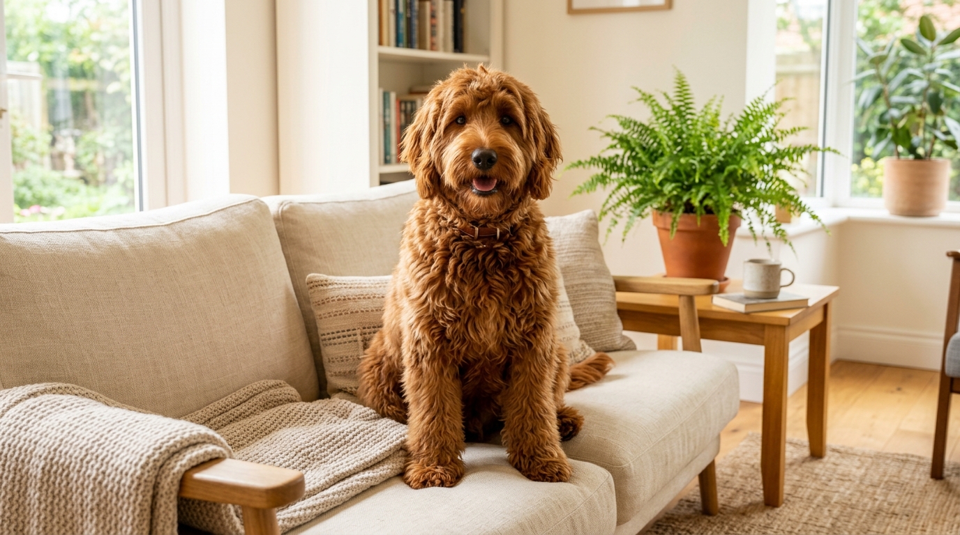 A curly cream Goldendoodle lying on a kitchen floor beside a food bowl looking slightly unsettled