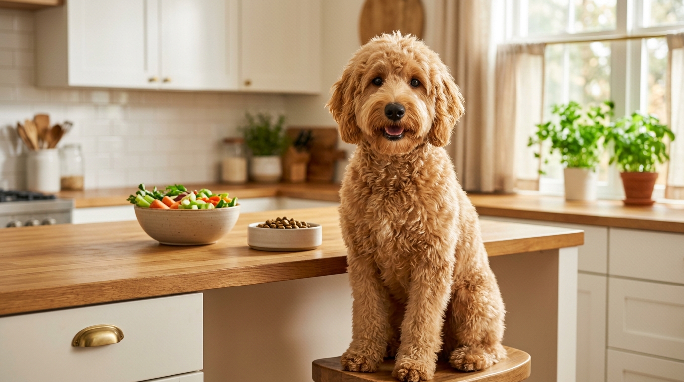 Australian Labradoodle waiting by two bowls, one of kibble and one of fresh cooked food