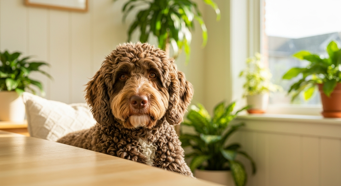 Golden doodle sitting next to a food bowl early in the morning, looking mildly unsettled