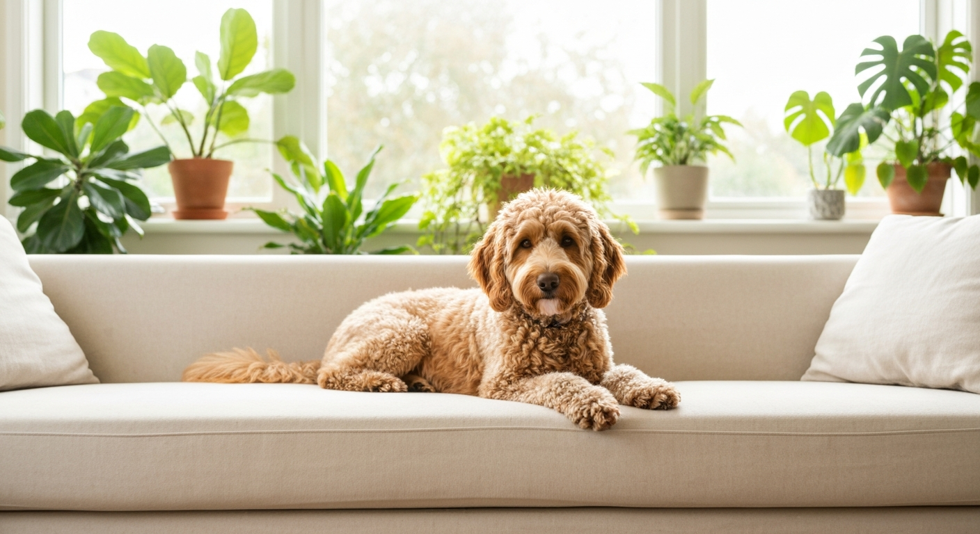 A golden doodle resting on a dog bed looking slightly tired while its owner sits nearby with a concerned expression