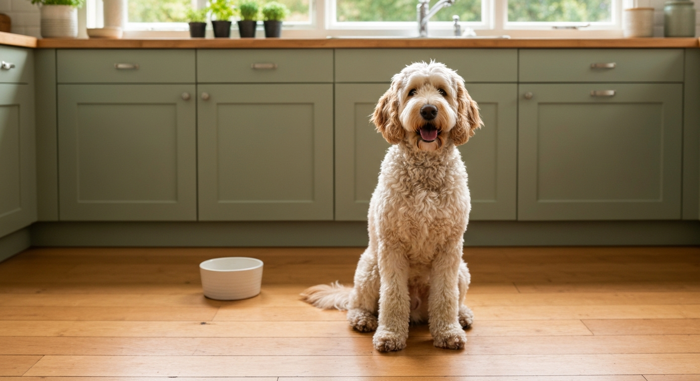 Goldendoodle sitting next to probiotic supplement powder and capsules on a kitchen counter