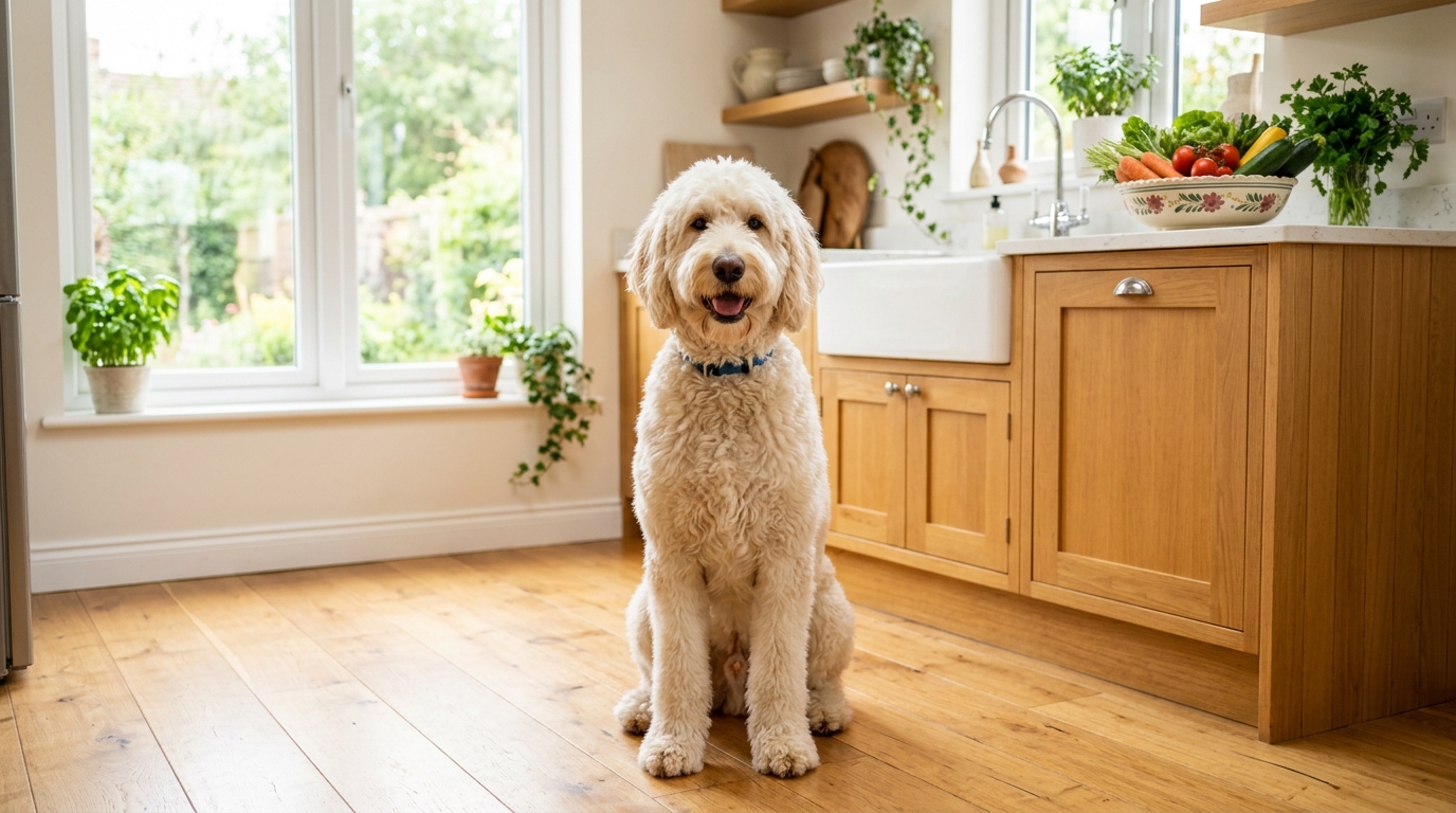 Cream Goldendoodle scratching its ear outdoors on grass in soft afternoon light