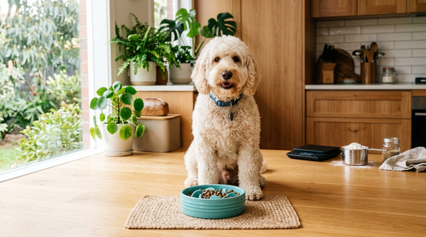 Cream Australian Labradoodle eating from a turquoise slow feeder bowl with a kitchen scale on the counter