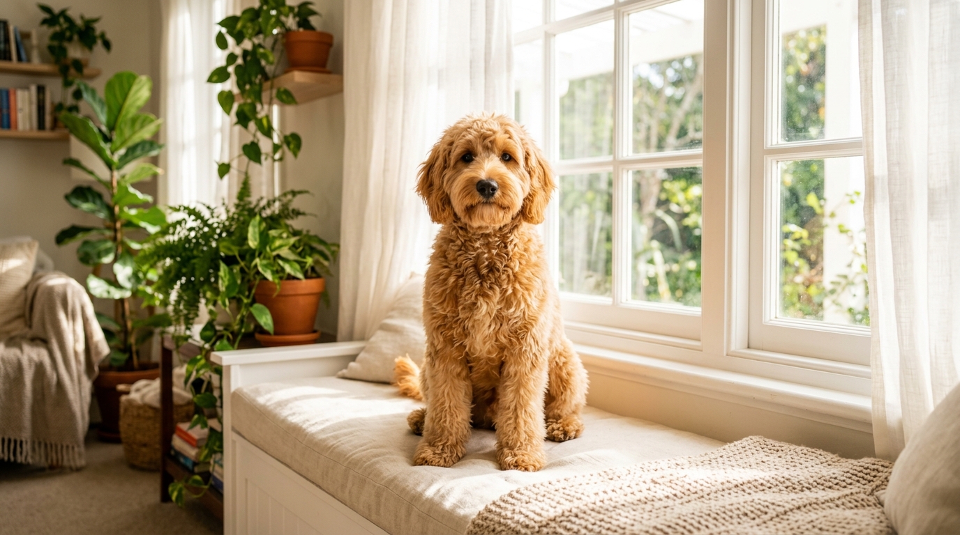 Close-up of a cream Goldendoodle's face showing a small amount of clear tear staining in the inner corner of the eye