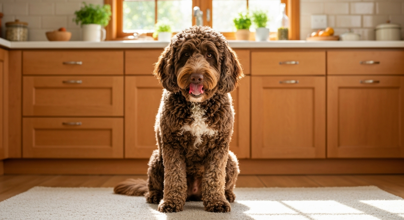 Curly-coated goldendoodle scratching behind a floppy ear on a sunny porch