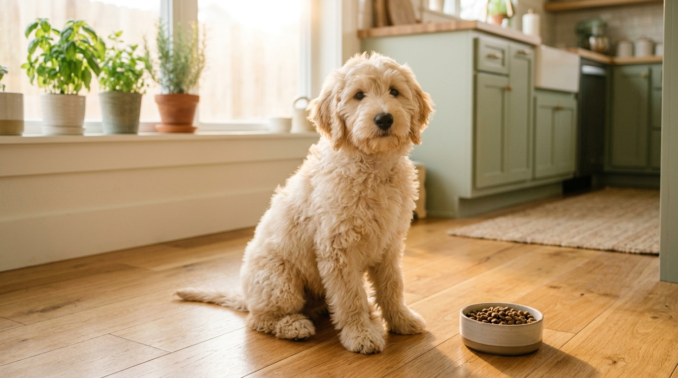 Australian Labradoodle puppy sitting beside a bowl of gentle sensitive-stomach puppy food